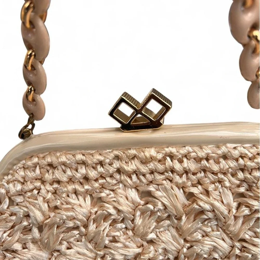 Vintage Raffia Crochet Frame Handbag Cream Woven Granny Coastal Bohemian